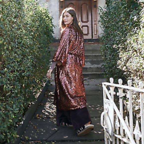 NWOT FREE PEOPLE Red Sequin Long Belted Duster Coat - Picture 4 of 12